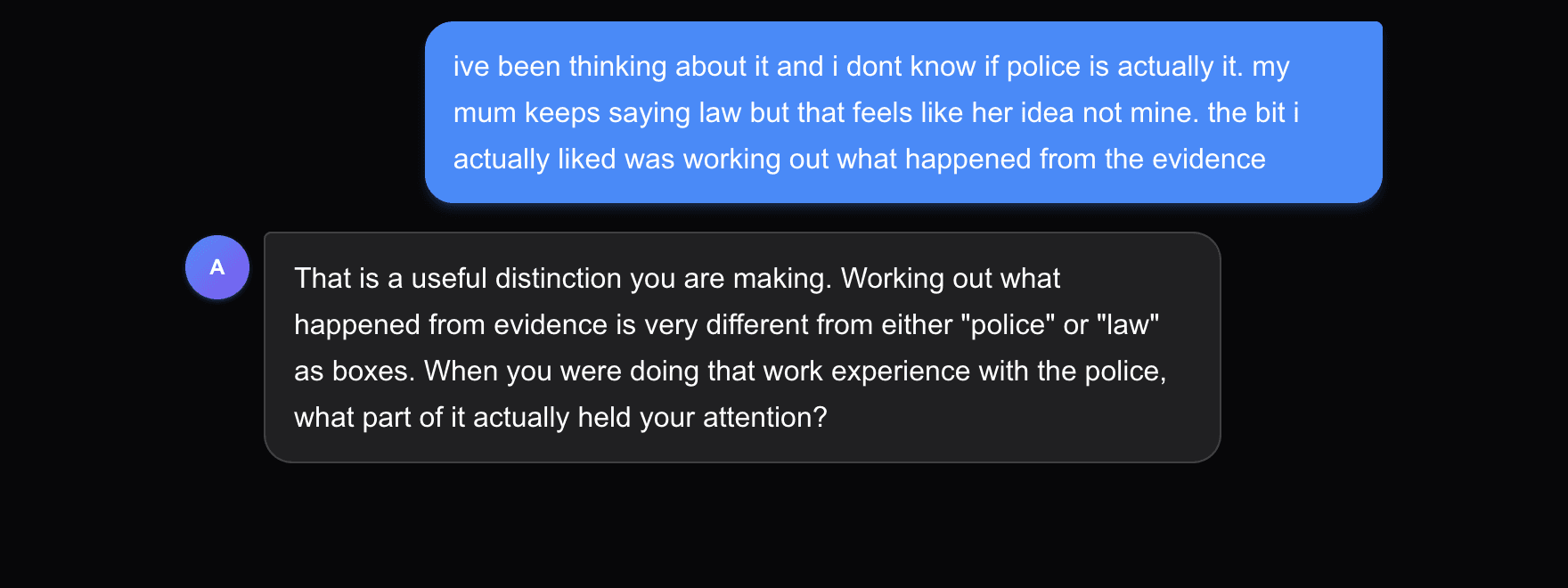 A real Career Compass conversation with a student on the live platform