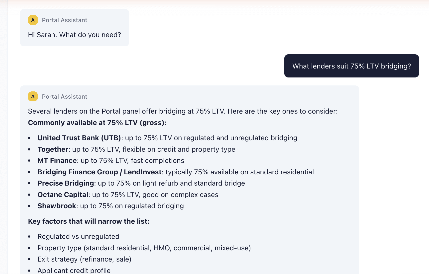 A broker asks which lenders suit 75% LTV bridging and the portal assistant answers with the lender panel